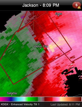 Velocity scan showing tornado approaching Yazoo City, MS